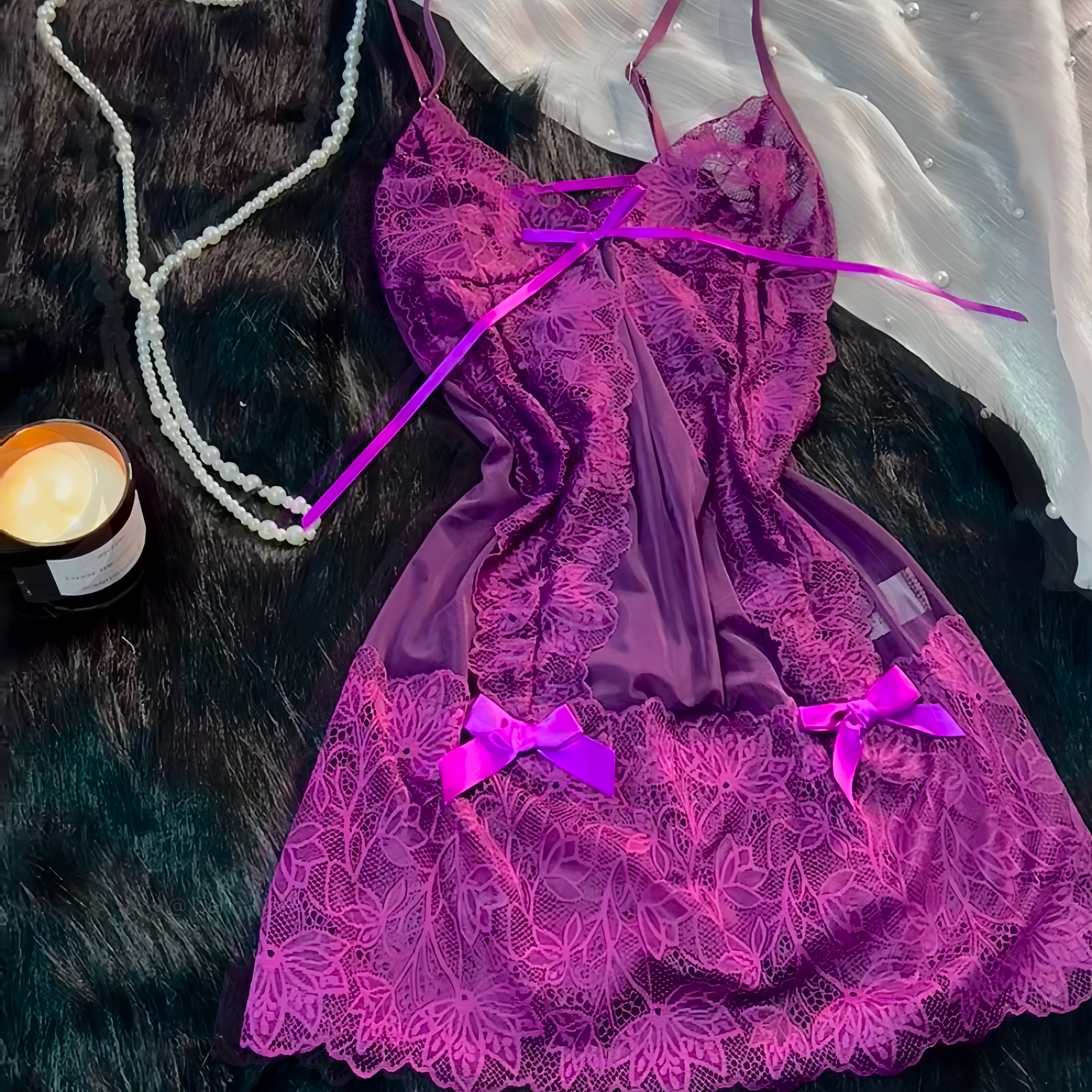 MISSXING 蕾丝吊带蝴蝶结绑带镂空睡衣女性感薄透制服诱惑套装