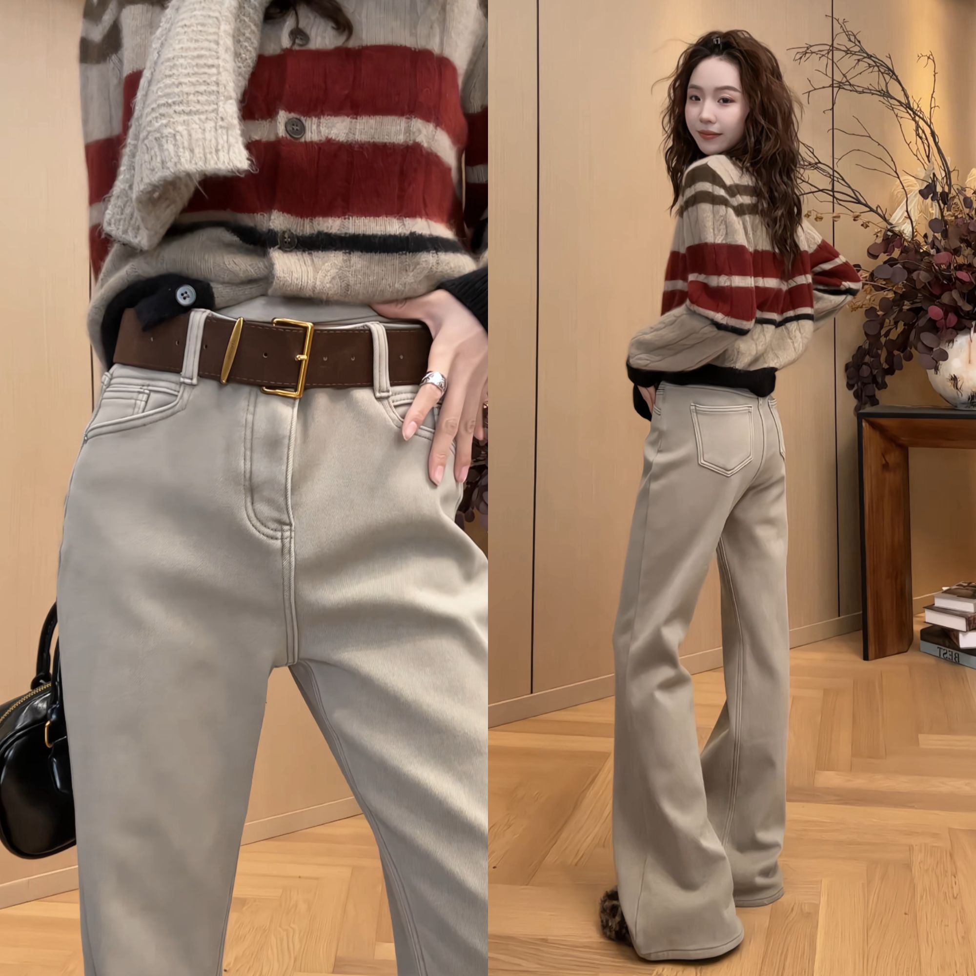 小静静一会【摩卡色牛仔裤】2025秋冬新款百搭加厚微喇裤 2512C8781