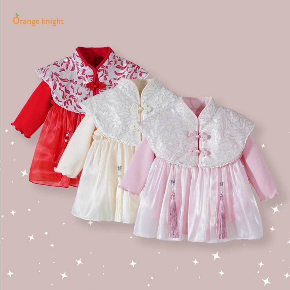 新中式宝宝连衣裙甜美洋气薄纱三角包屁云肩流苏设计小月龄包屁衣