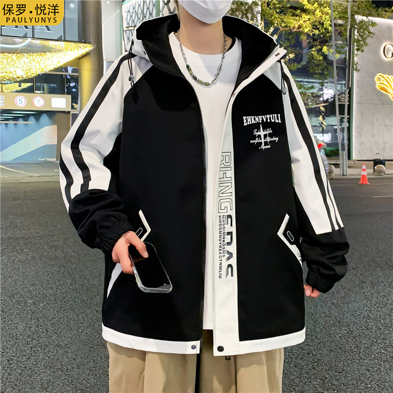 2025年春秋新款设计感拼色连帽夹克男潮牌时尚青少年学生港风外套