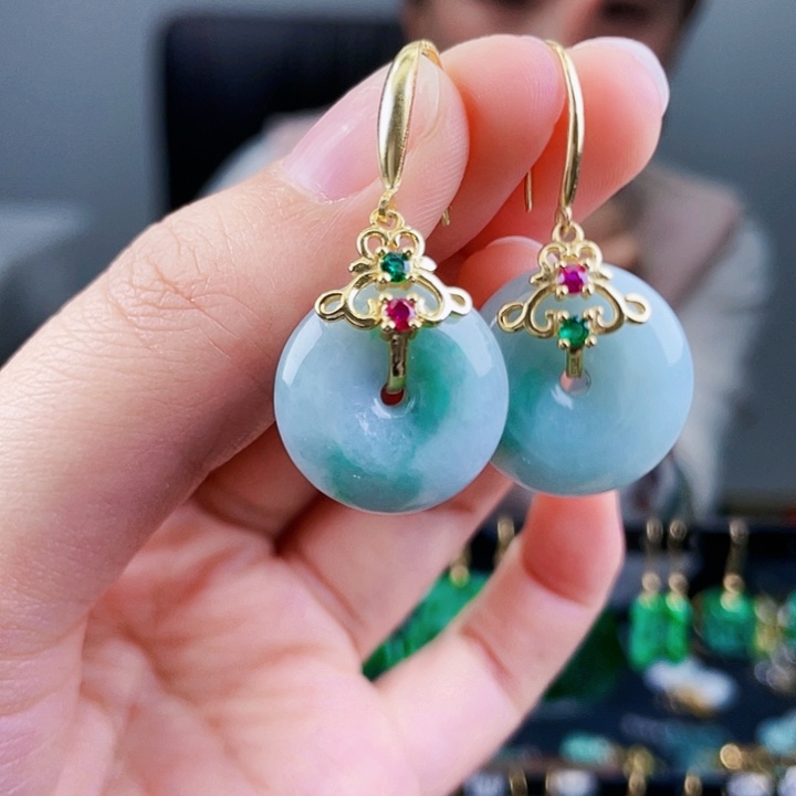 翡翠耳饰银S925镶嵌饰品