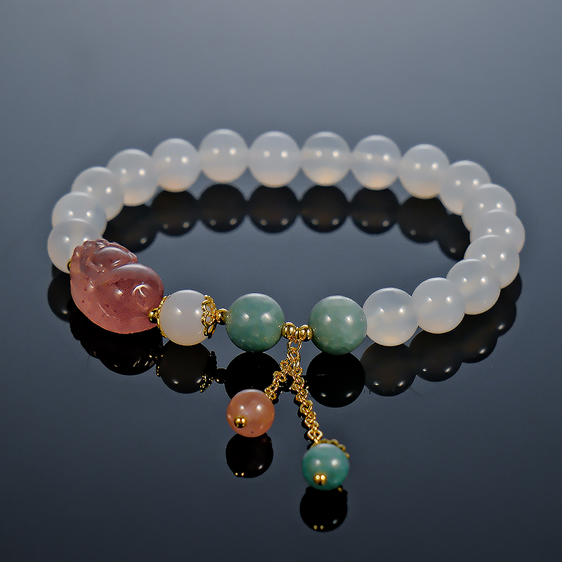 原创设计白玛瑙草莓晶貔貅手链-6614