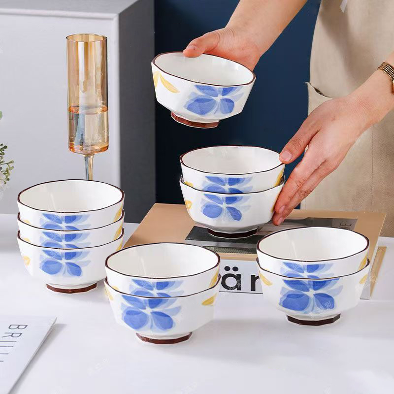 钻石蓝色梦幻10个5英寸家用釉下彩圆盘陶瓷菜米饭碗