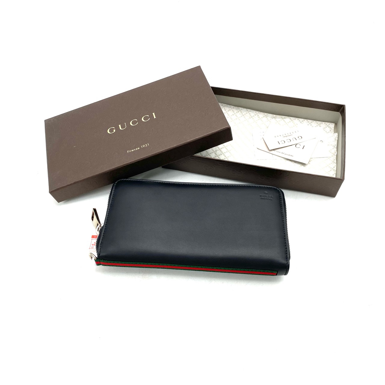 全新未使用 GUCCI/古驰 黑色全皮拉链钱包 尺寸20/10