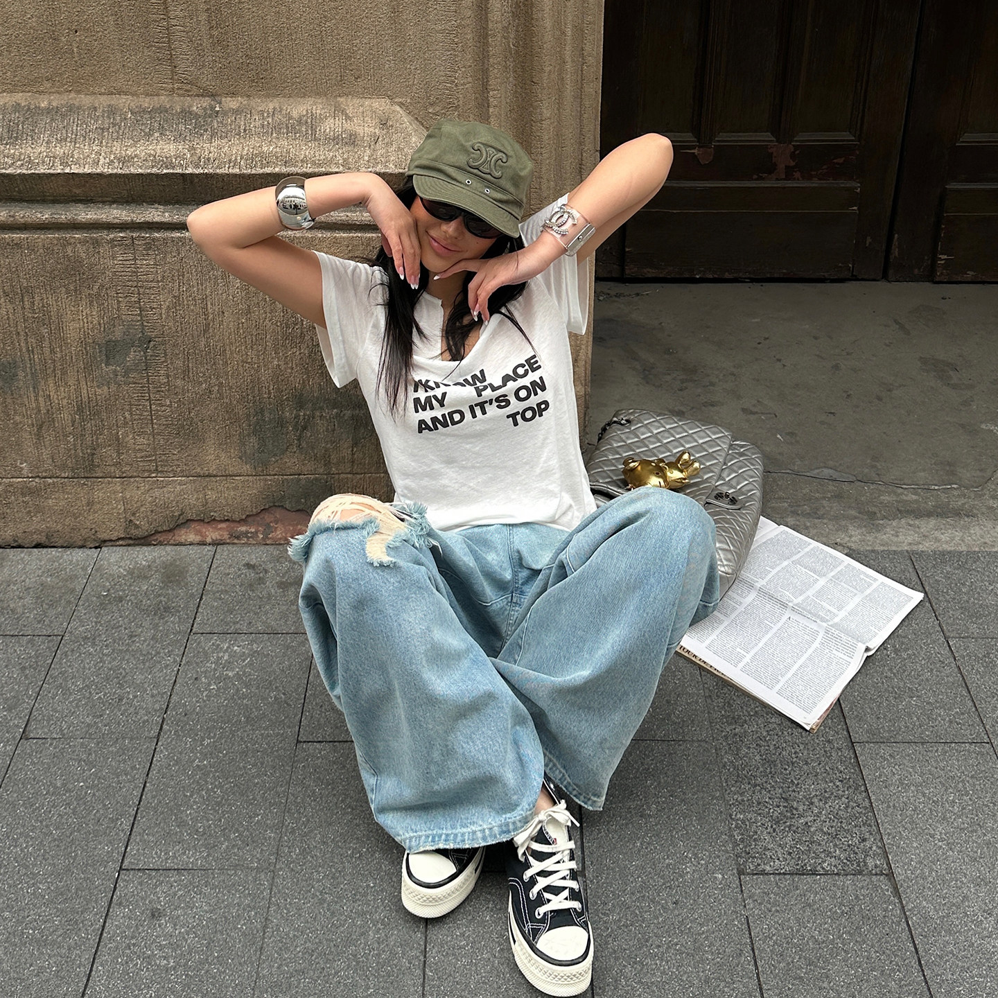 韩好甜WARDEN EDGE云野漫游 白色印花短袖T恤女夏宽松显瘦v领上衣