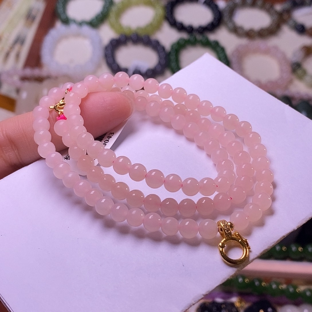 颈饰未镶嵌和田玉老坑料浓红粉银万能扣珠链5m