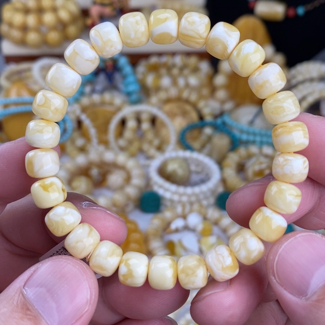 蜜蜡未镶嵌手链瓷白细纹虎皮8.8mm