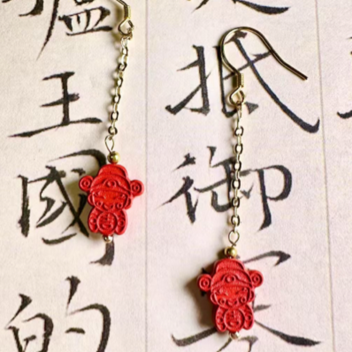 含辰砂工艺品水飞砂红砂财神耳坠（S925银针）