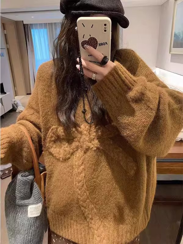 套头款圆领针织蝴蝶结女毛针织衫秋季树脂固色不褪色上衣棕色开衫