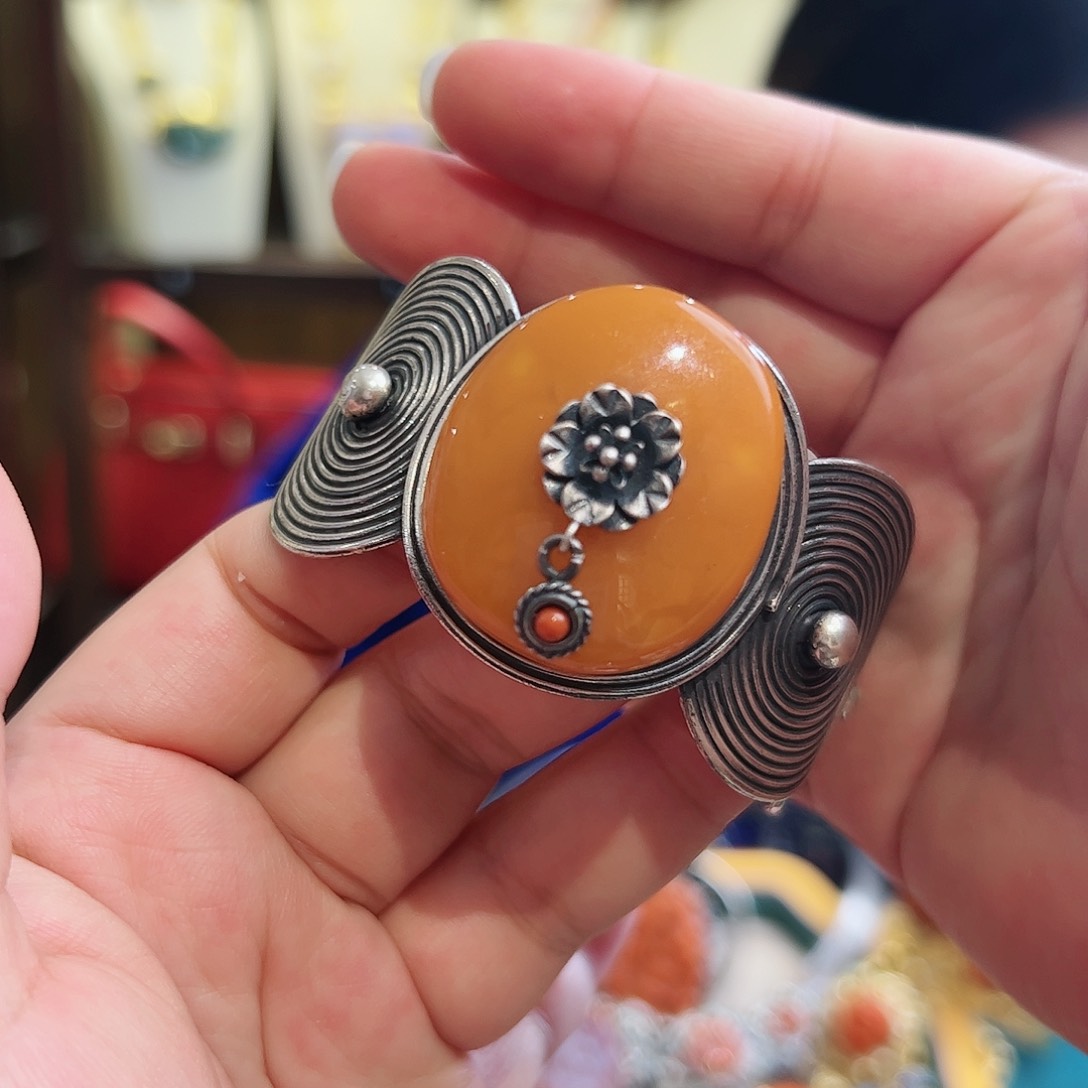 琥珀手镯银S925镶嵌古风