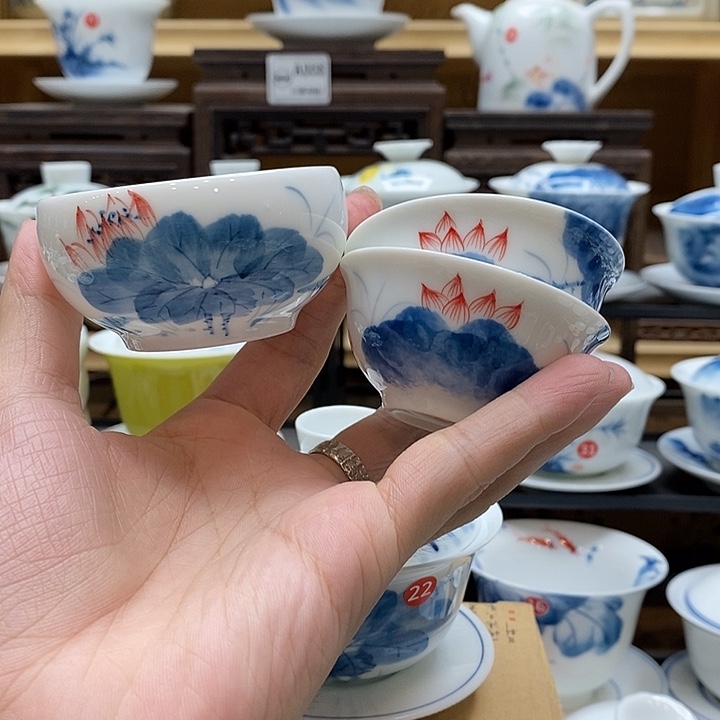 手绘主人杯荷花➕2个装荷花客杯35cc釉下彩微瑕福利款