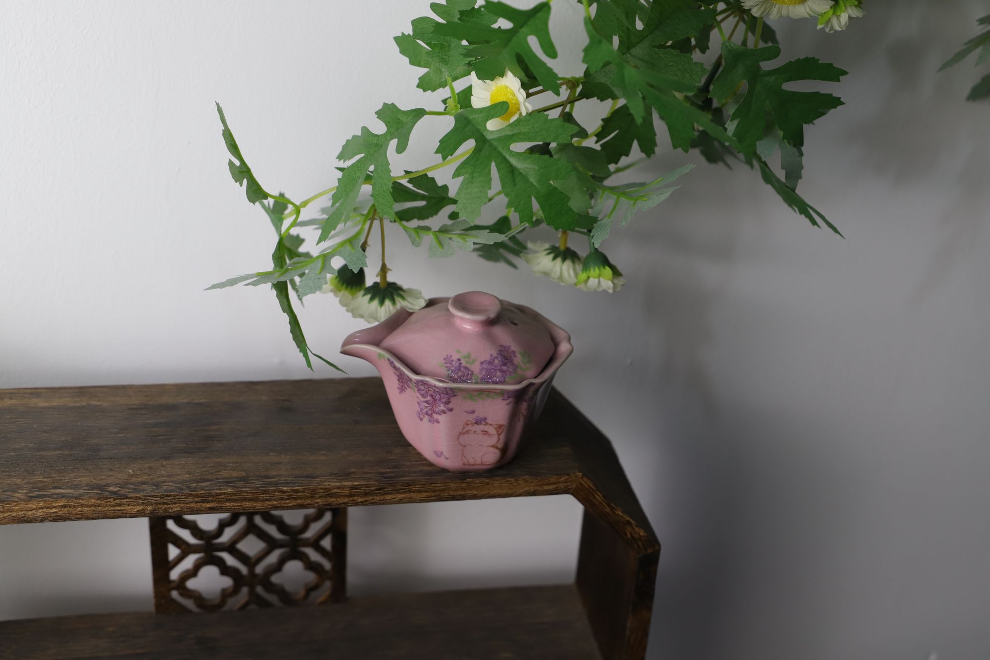 粉汝紫藤猫咪手抓盖碗