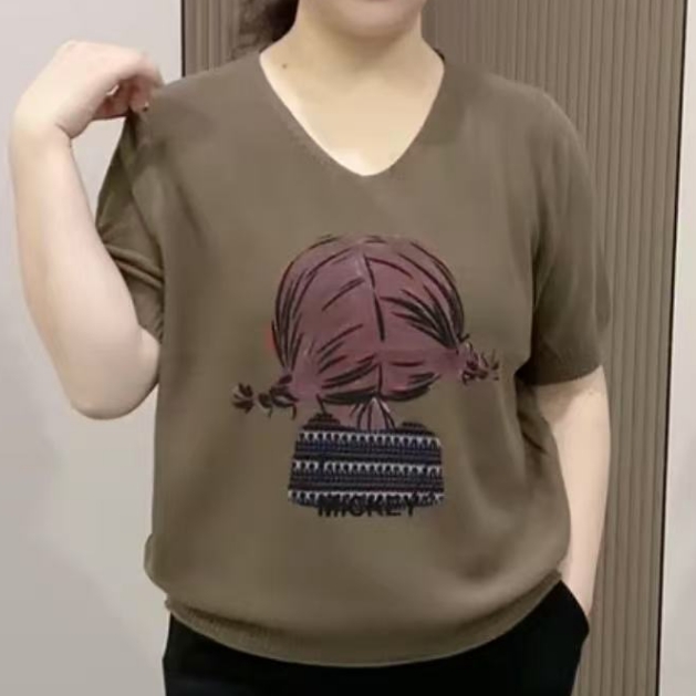 YMR鸡心领气质小孩头像针织显瘦百搭短袖衫