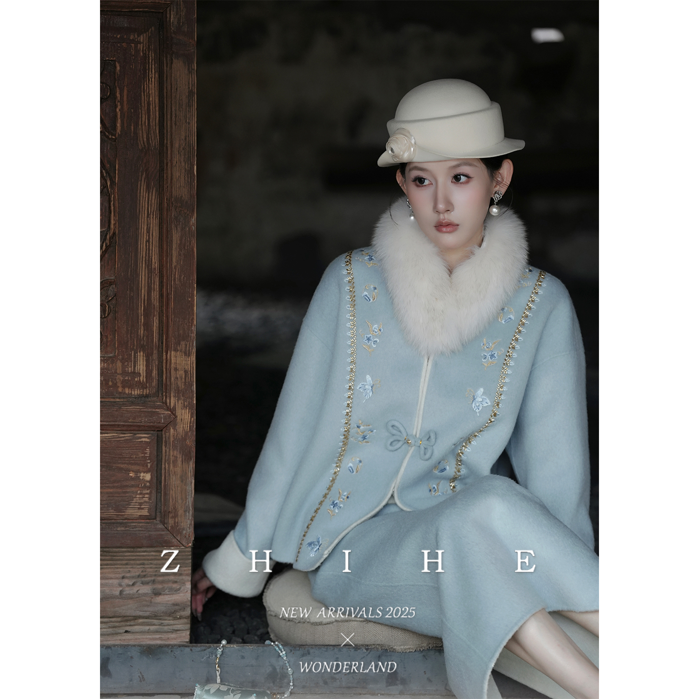 无艳一禾【纳兰词】手工坊-国风100双面呢绣花大衣+半裙+狐狸毛领