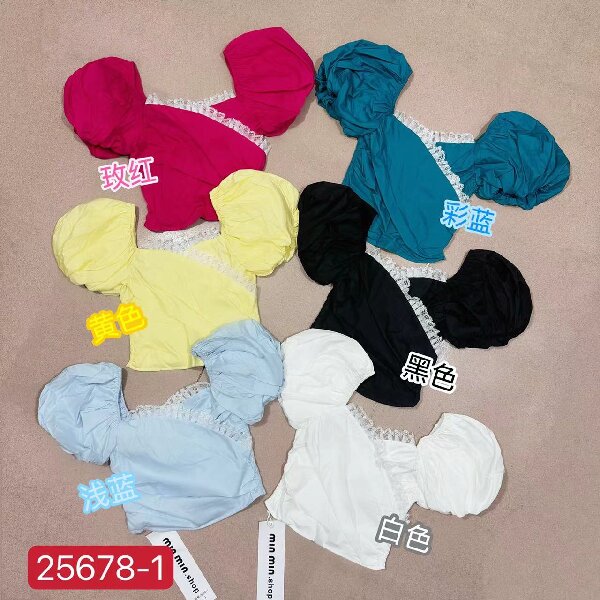 欧街-交叉领蕾丝泡泡短袖03298