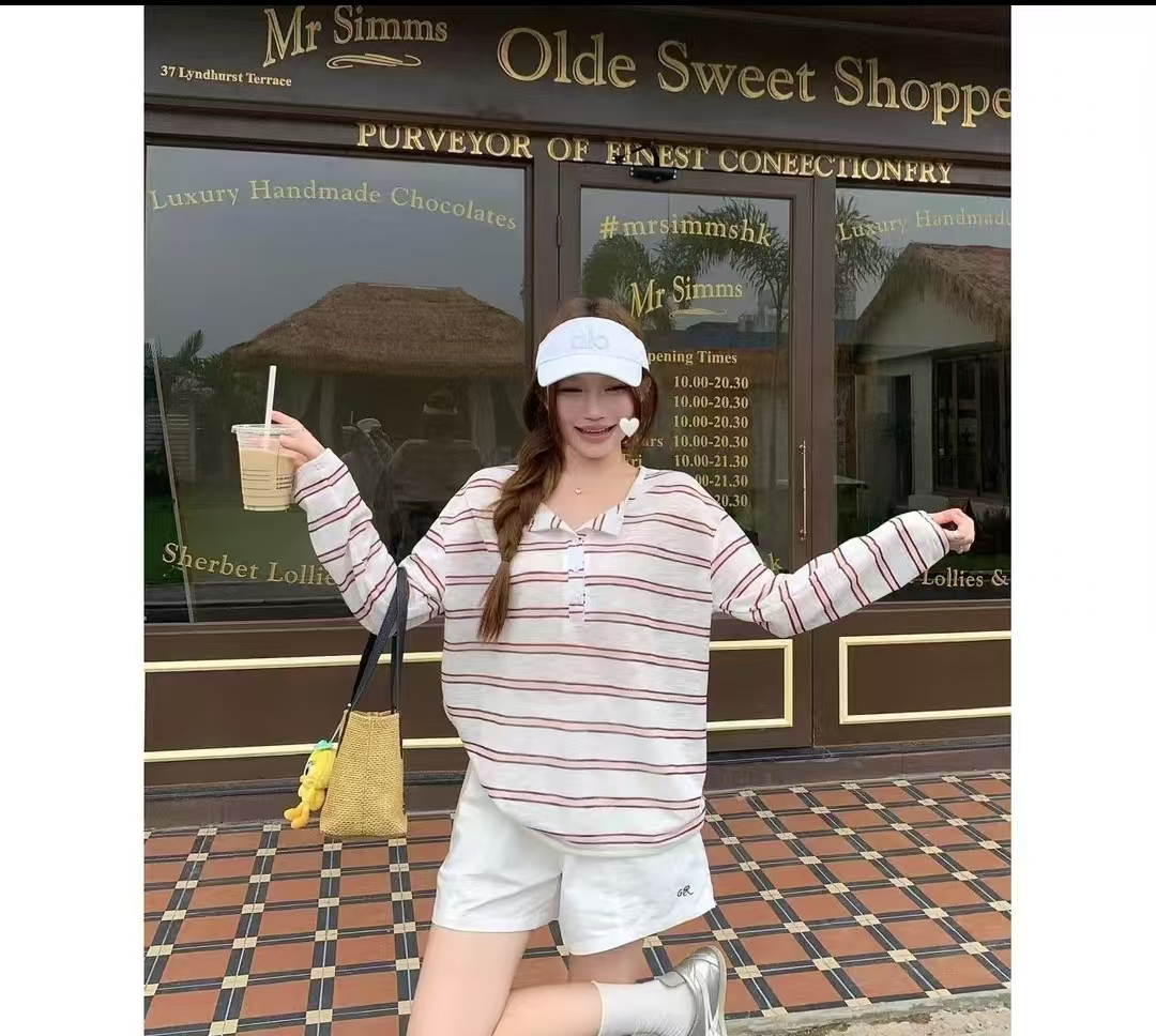 秋季新款慵懒风条纹长袖T恤女2025年网红新款潮流百搭高级感气质