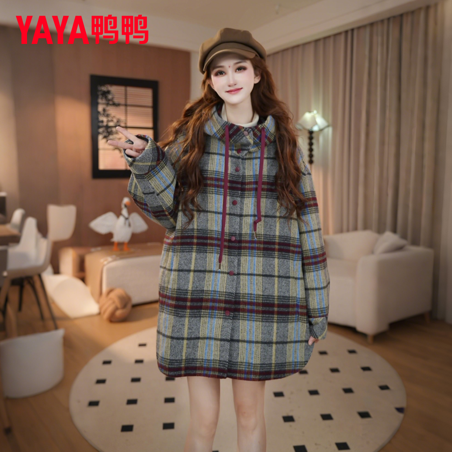 YAYA/鸭鸭90绒羽绒服中长款时尚格子连帽厚款毛呢外套复古长袖商品图