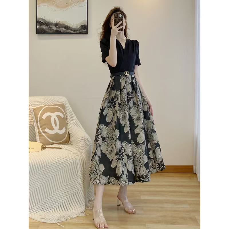 拼接圆领格子夏季通用经典连衣裙泡泡袖时尚中长款