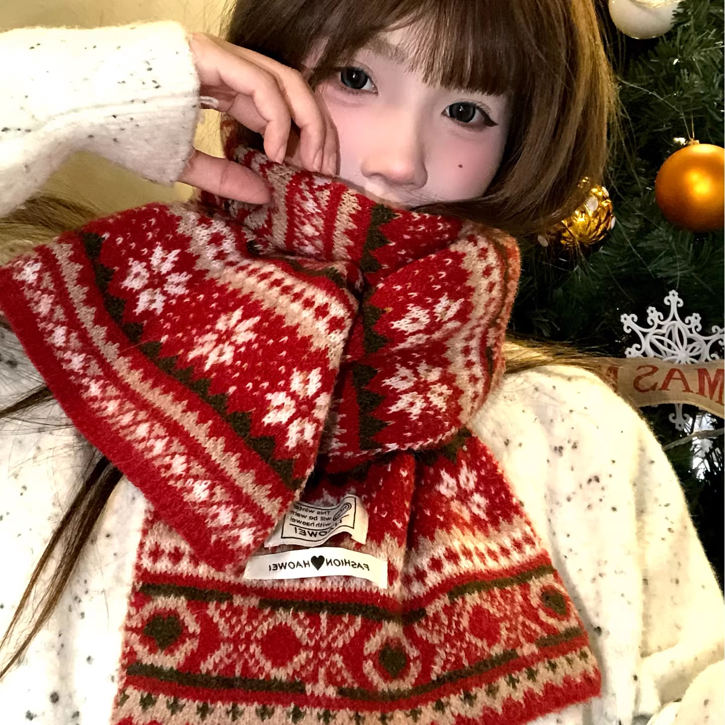 圣诞红色本命年提花针织围巾女秋冬季新年氛围感保暖加厚防寒围脖