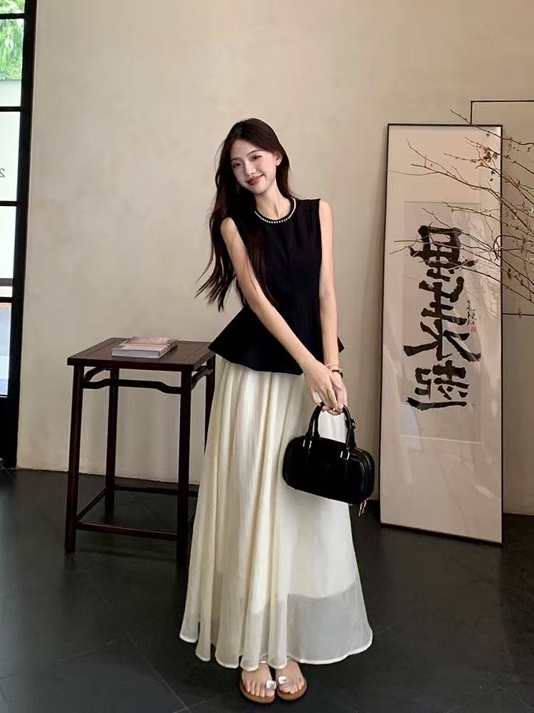 仙女复古新中式套装掐腰无袖黑色背心小衫上衣高腰半身纱裙两件套