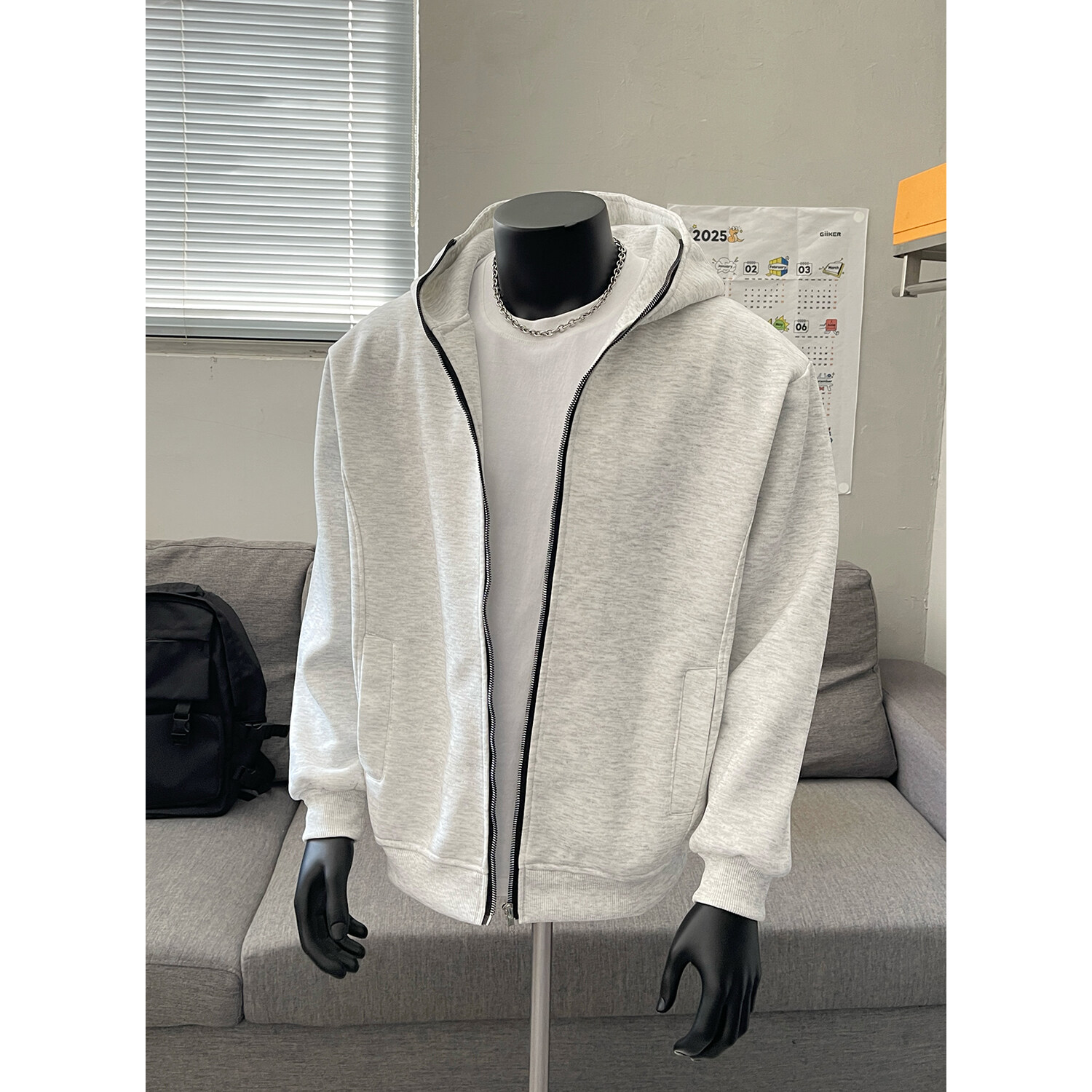 美式高街cleanfit浅灰色连帽卫衣男款春秋高级感休闲宽松开衫外套