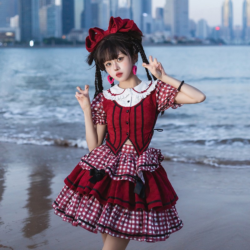 【桃乐丝奇遇】withpuji原创设计美式甜心三段套装风琴褶lolita夏