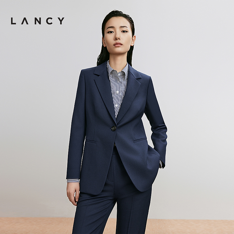 LANCY/朗姿2024冬新款一粒扣高端通勤西装外套女上衣蓝色WJK936