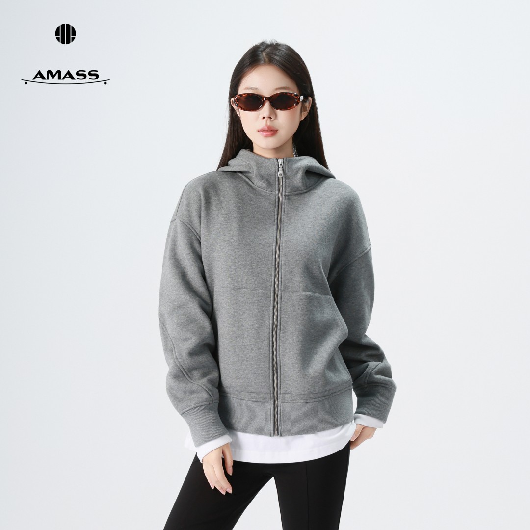 阿玛施【官方正品】秋冬时尚休闲宽松纯色连帽拉链卫衣外套5400935