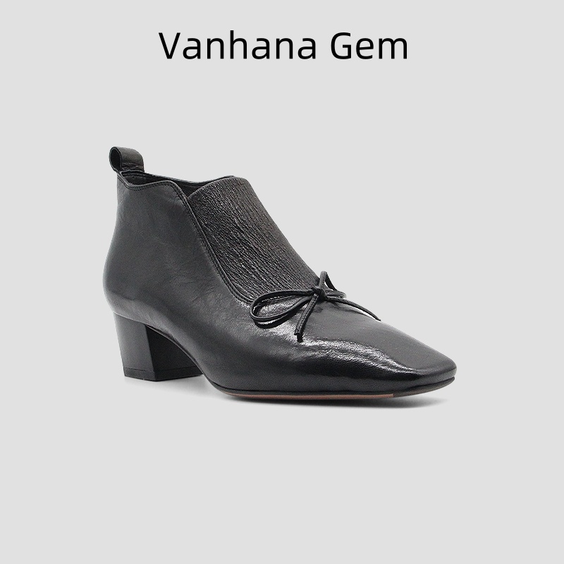 VANHANA GEM2025新款真皮短靴女拉链时装女靴复古港风方头短靴