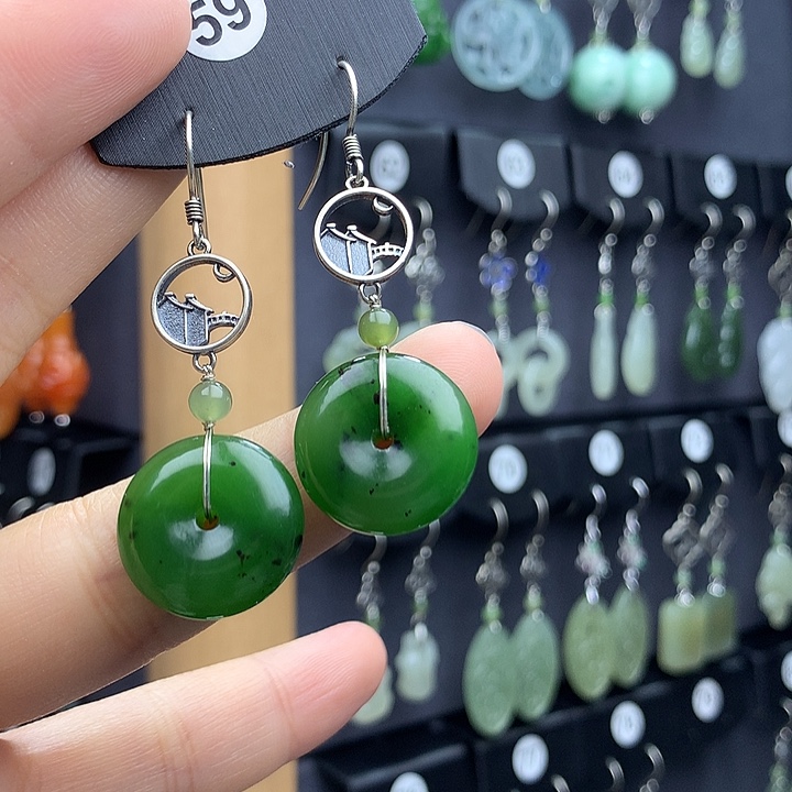 和田玉耳饰银S925镶嵌