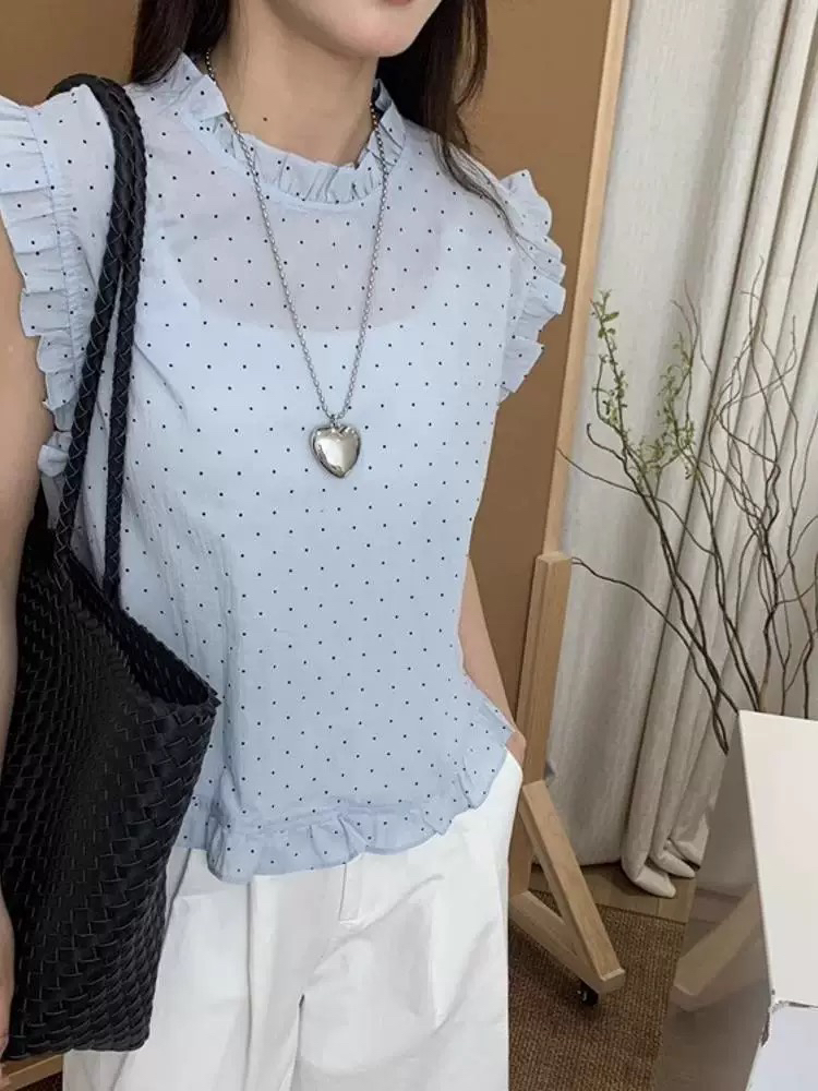 圆领短袖波点木耳边衬衫5711