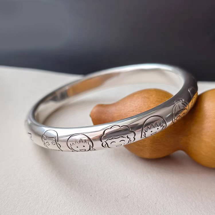 足银手镯 润土匠心【泥背欢乐一家】手工錾刻定制S999泥鳅背银手镯