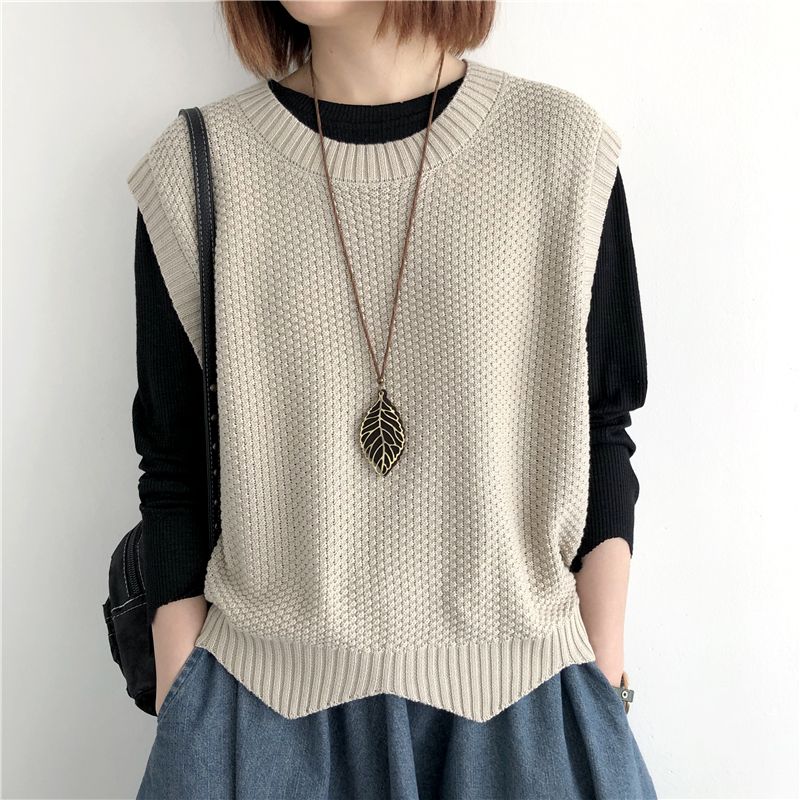 品牌折扣针织马甲女背心秋季纯色宽松圆领不规则短款马夹坎肩外搭