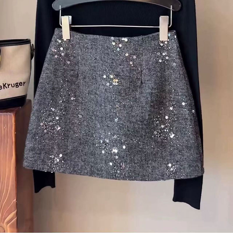 【夏央家】秋冬新款百搭闪闪钉珠羊毛呢A字短裙半身裙#7752-45组合