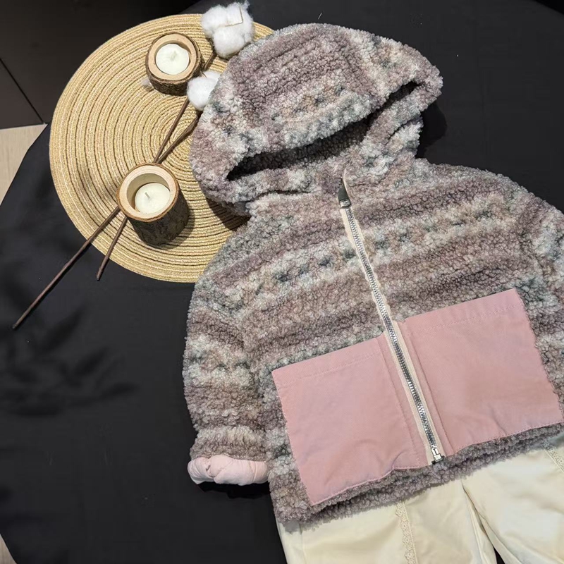 现货【初甜兮】宝宝25冬季新款洋气加厚夹棉保暖棉服连帽毛毛衣外套