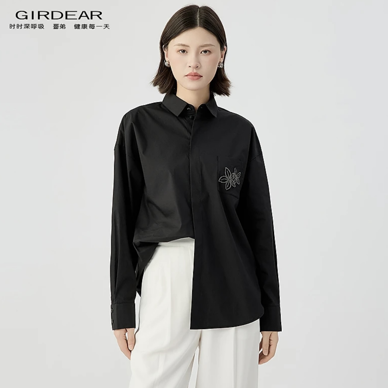 商场同款哥弟1300989时尚轻奢精致烫钻百搭翻领休闲长袖黑色衬衫