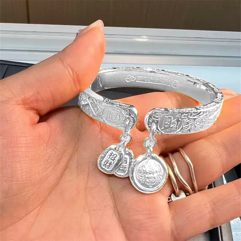 足银银制品 F56新中式吉言黄财神吊坠手镯开口款