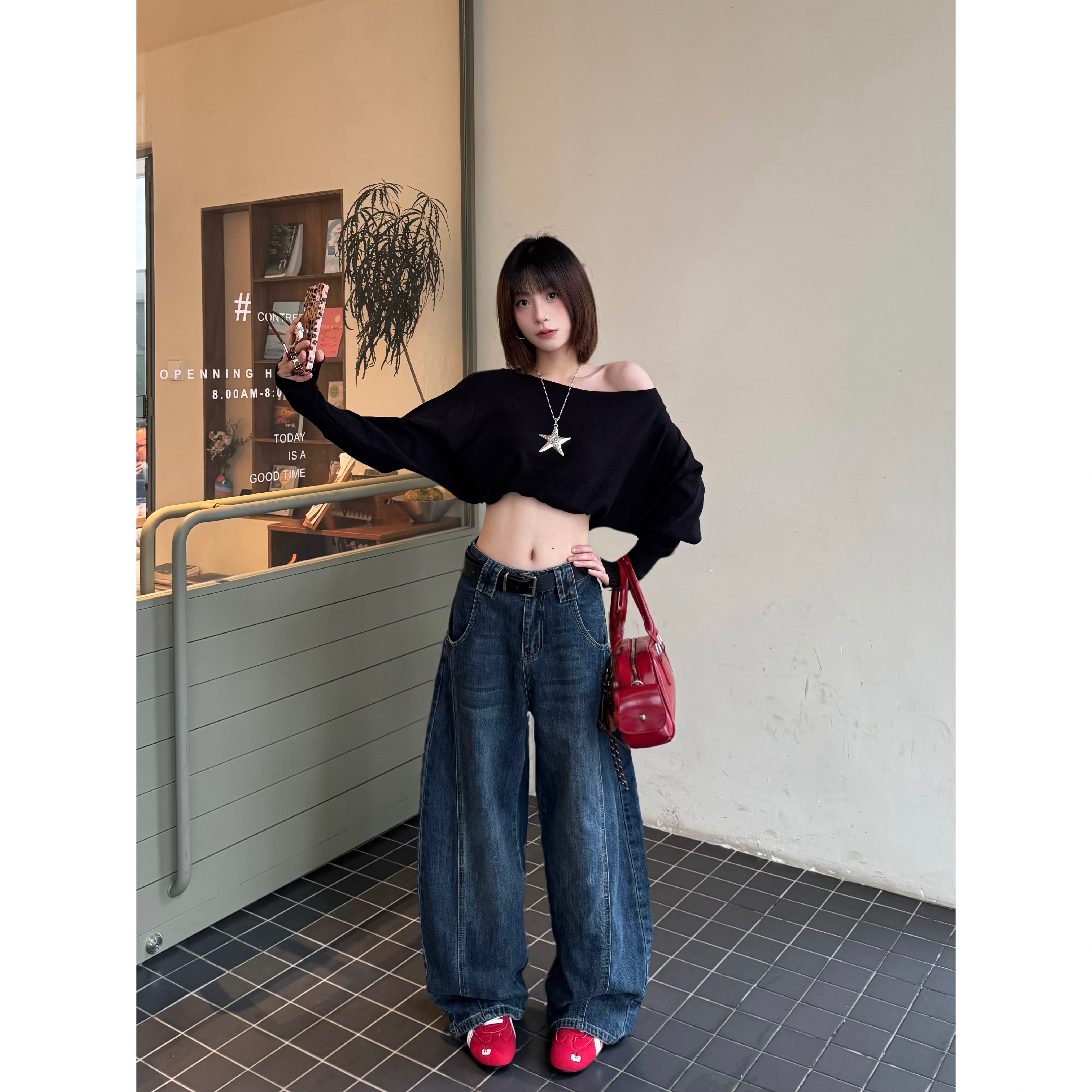 深蓝复古弯刀牛仔裤女2025年秋季新款高腰水洗宽松阔腿拖地裤子潮