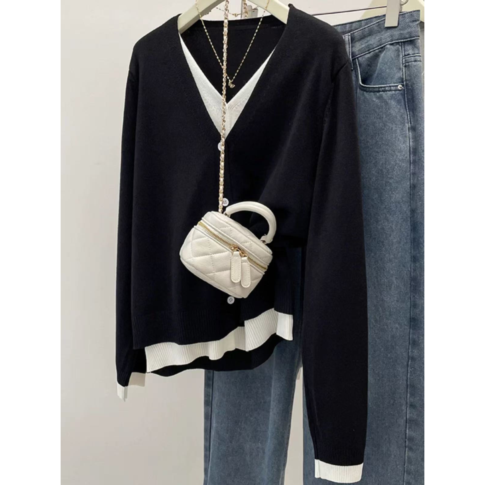 大码女装2025秋冬新款洋气假两件针织衫胖妹妹宽松毛衣上衣潮8921