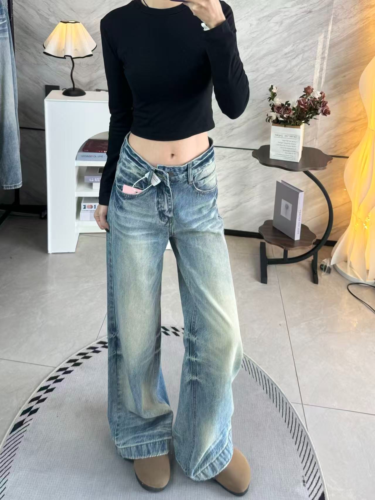 美式怀旧磨黄复古水洗扎染高腰显瘦小众设计感直筒阔腿牛仔裤女