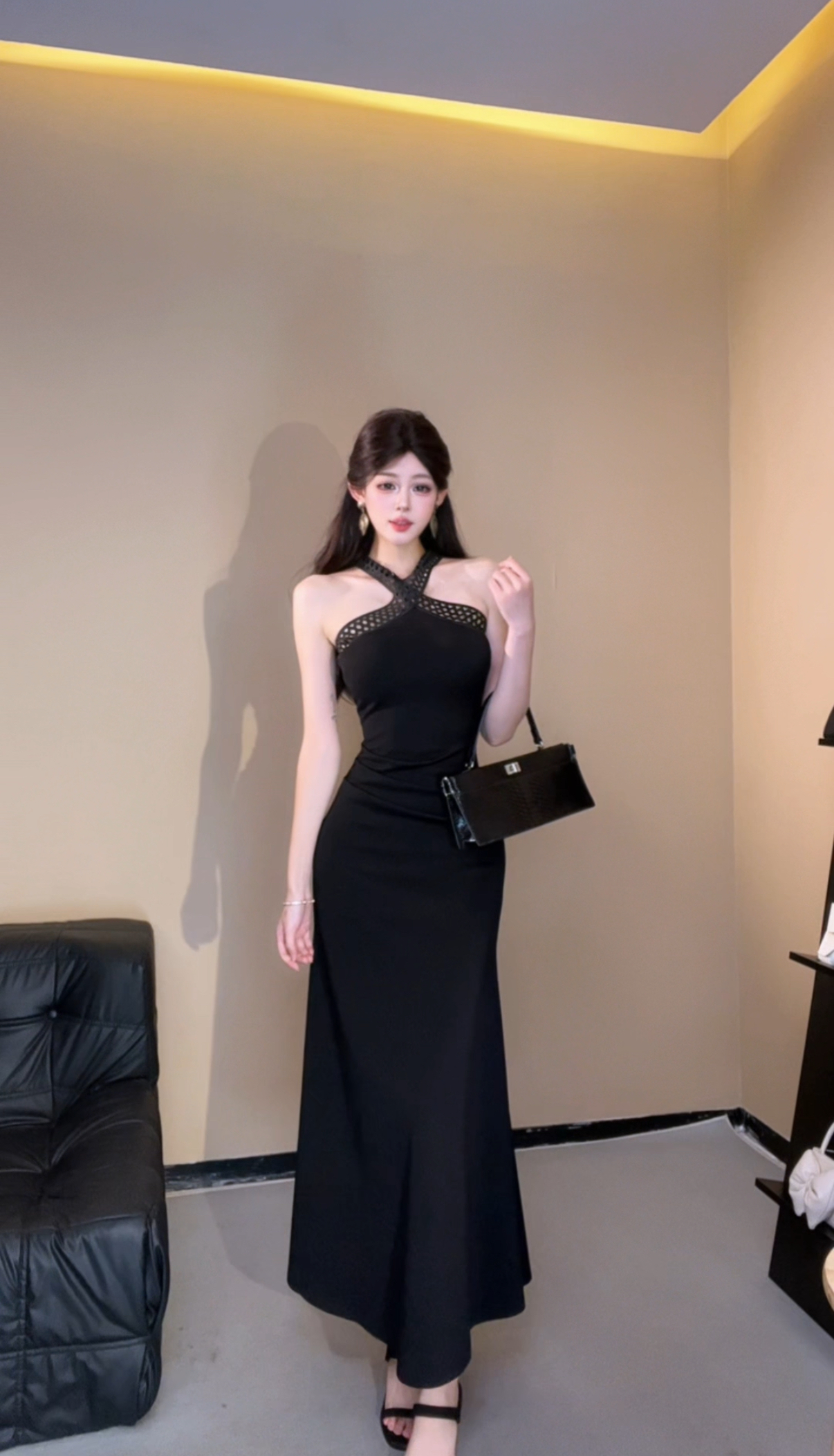 XQIN【夜色星纱】黑色高级感显瘦气质性感收腰修身连衣裙QXQHZ52487