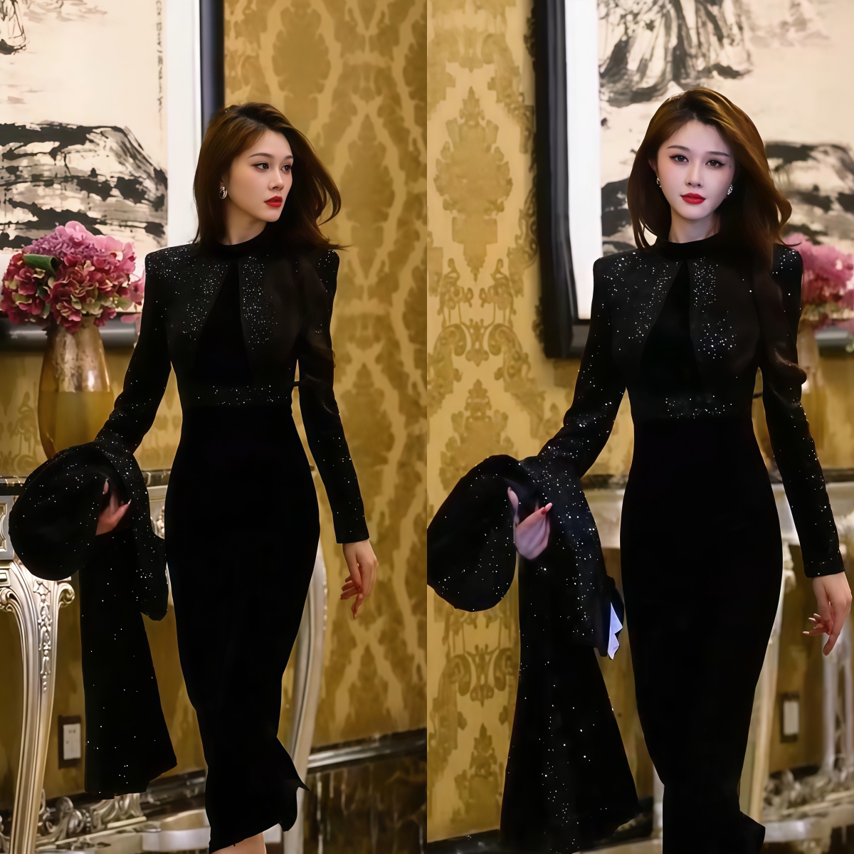 2025显瘦拼接复古长袖连衣裙时尚黑色轻奢连衣裙FJ1202503