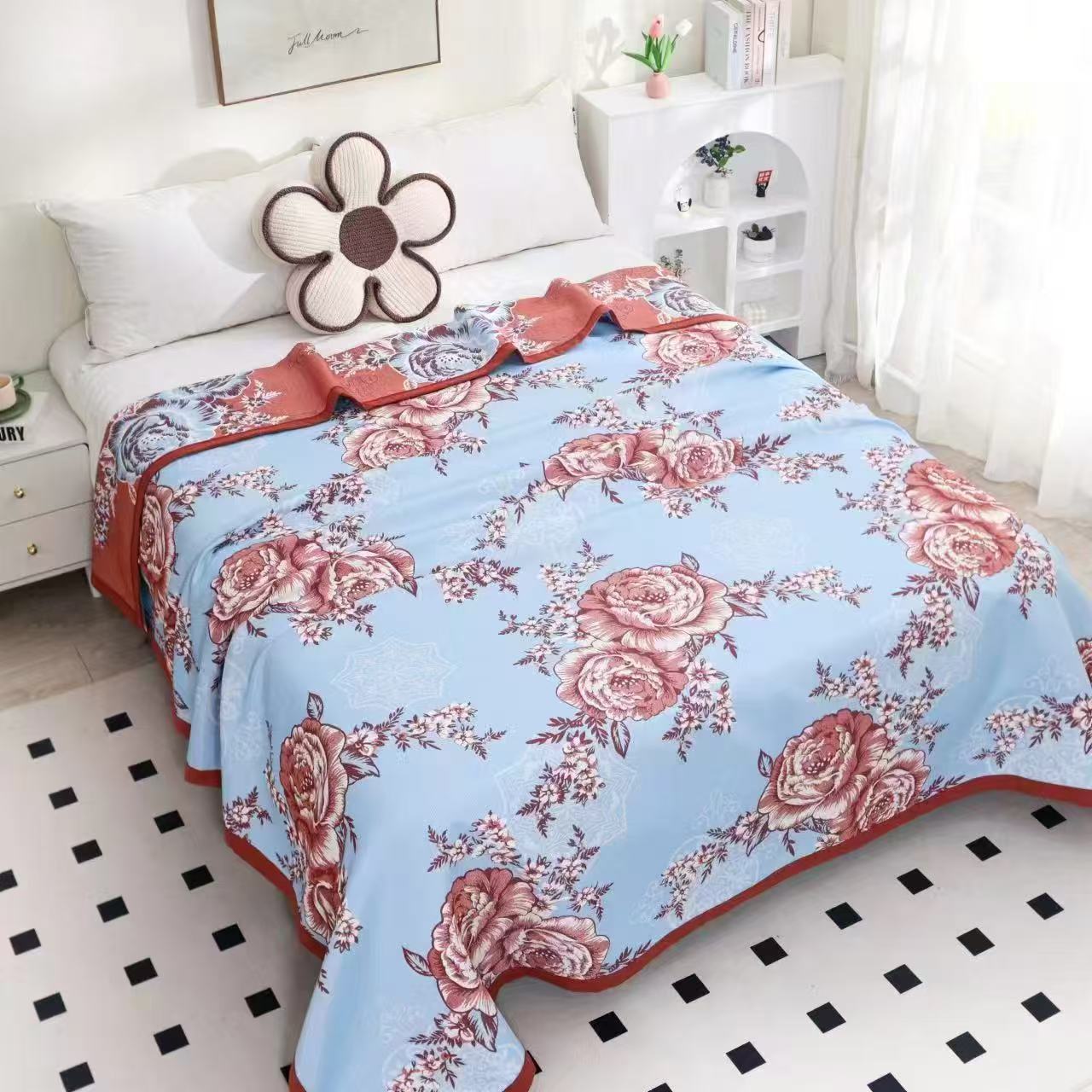 蓝色玫瑰花床盖多功能亲肤成人学生加厚印花单人布床