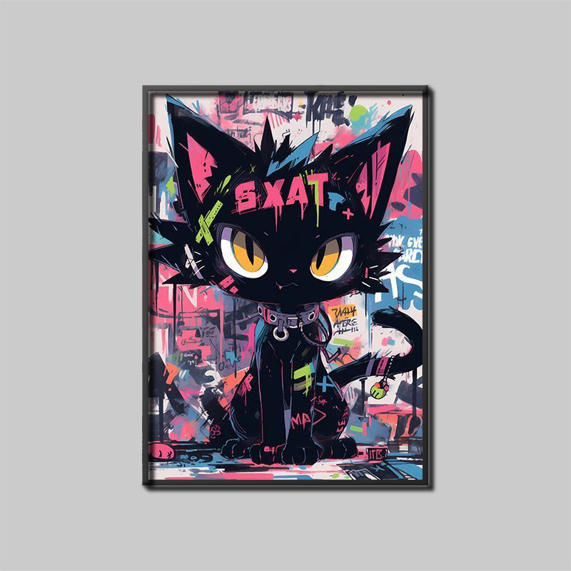 赛博朋克黑猫涂鸦挂画客厅卧室公寓工业风创意装饰画