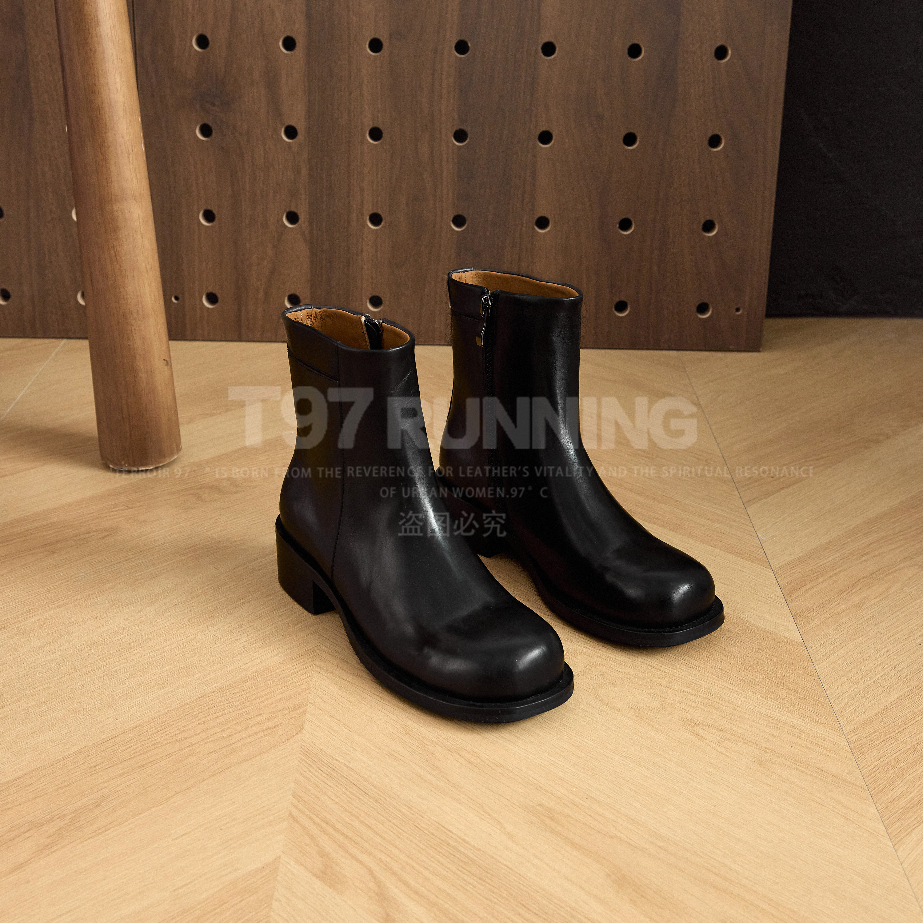 轻奢极简侧拉链黑色真皮圆头粗跟女士短靴G2966