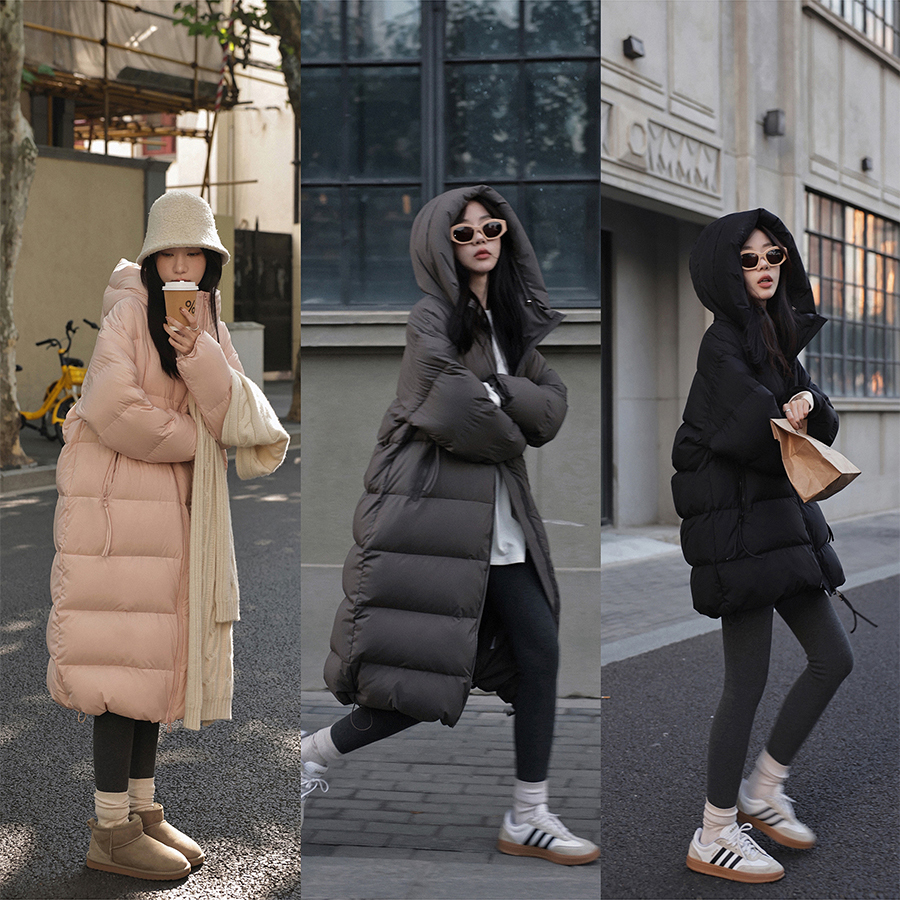 张贝贝ibell【省钱风】过膝宽松保暖外套女冬百搭连帽长款羽绒服