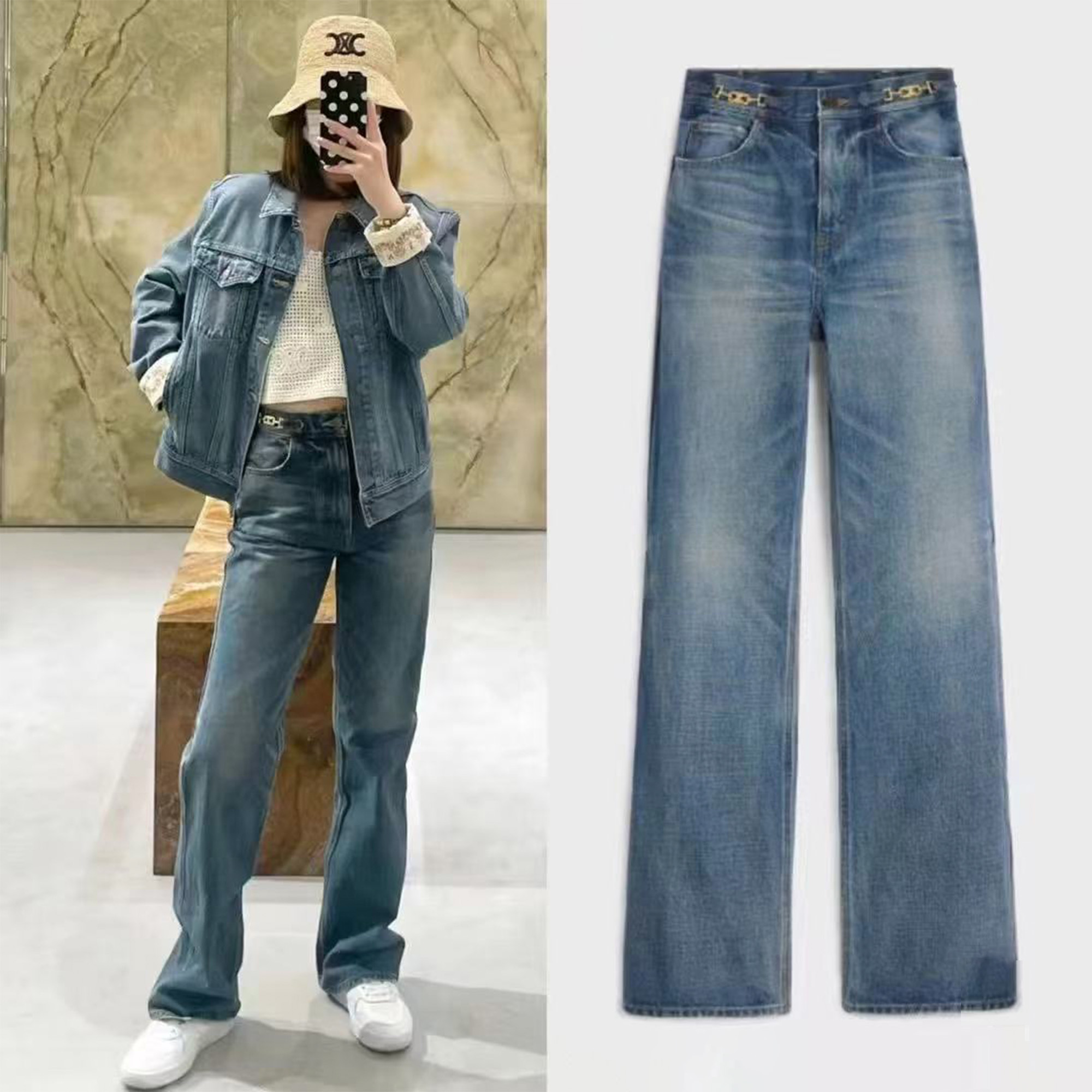 未使用 Celine/思琳 水洗蓝凯旋门金属logo牛仔裤