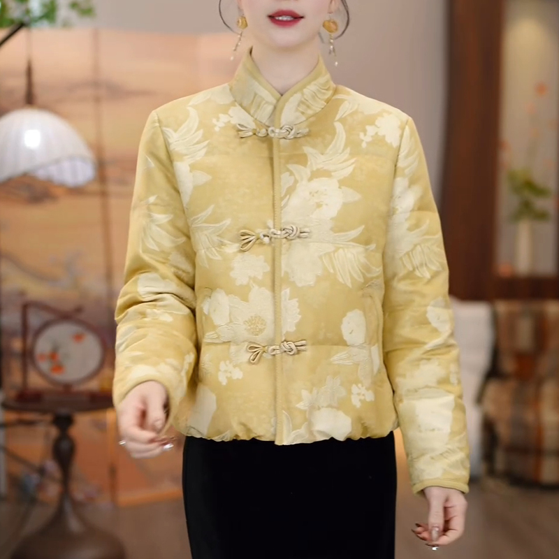 国风时尚花色短款羽绒服女2025年冬季新款减龄妈妈装加厚保暖外套