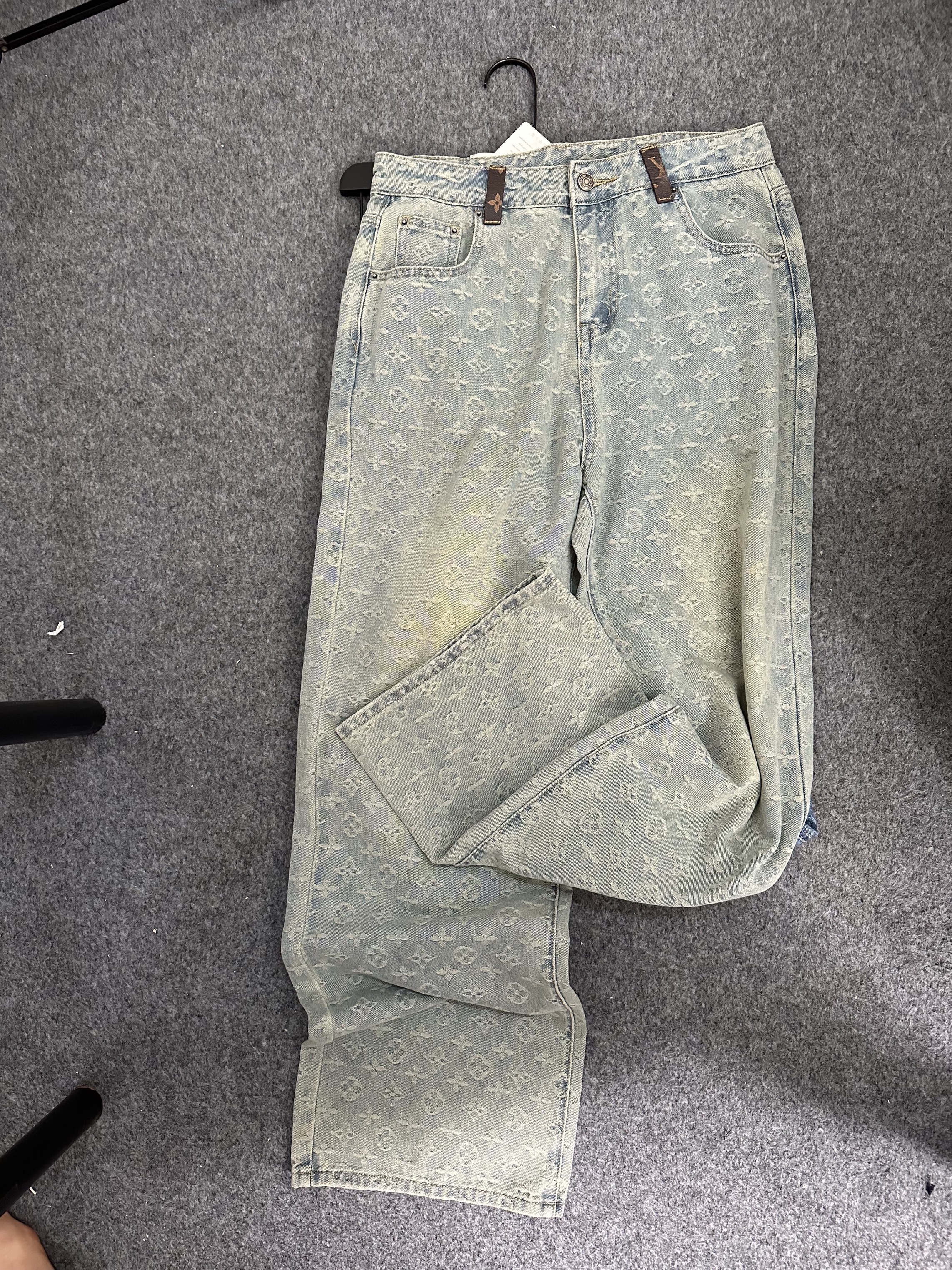 A052号 2025新款时尚直筒复古灰蓝老花气质女士夏季牛仔裤