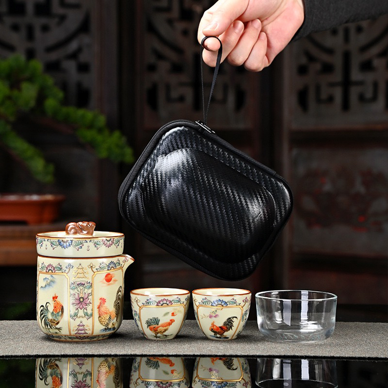 陶瓷汝窑旅行茶具套装金鸡四喜泡茶一壶三杯户外露营伴手便携式